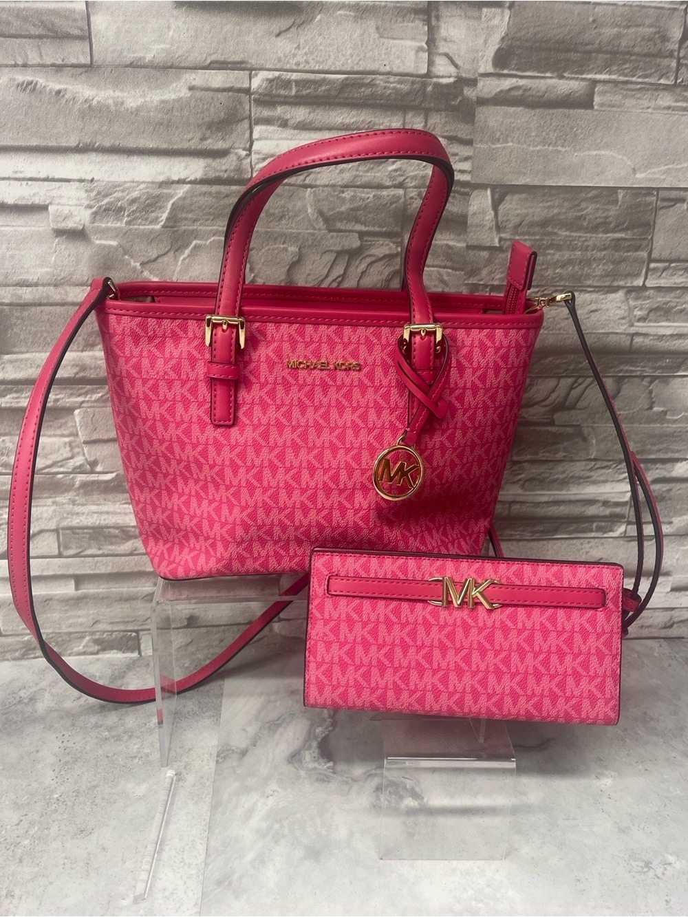 Michael Kors Small Signature Logo Tote & Wallet Set Electric Pink